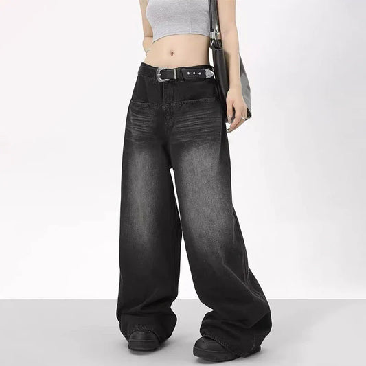 Oversized Retro Black Jeans Wide Leg Pants For Women