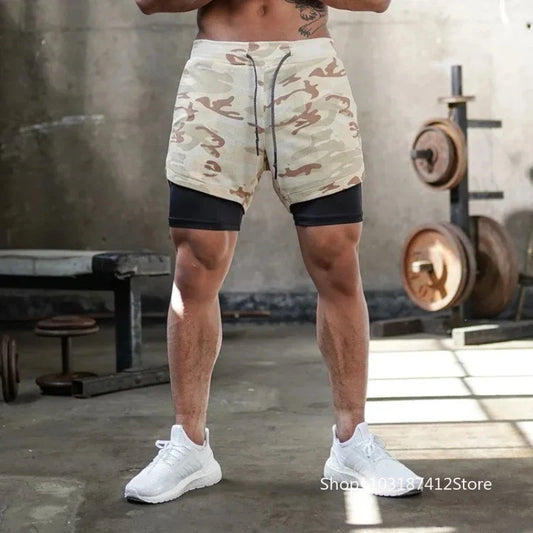 Men Anime Double Layer Shorts Gym Workout Printed Sports Multi-performance Training Quick-drying Jogging Pants Towel Pants M-3xl