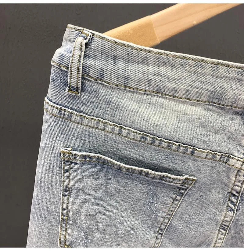 2023 Spring and Autumn New Men's Fashion Solid Color Ripped Jeans Men's Casual Comfort Elastic High-Quality Small Foot Pants