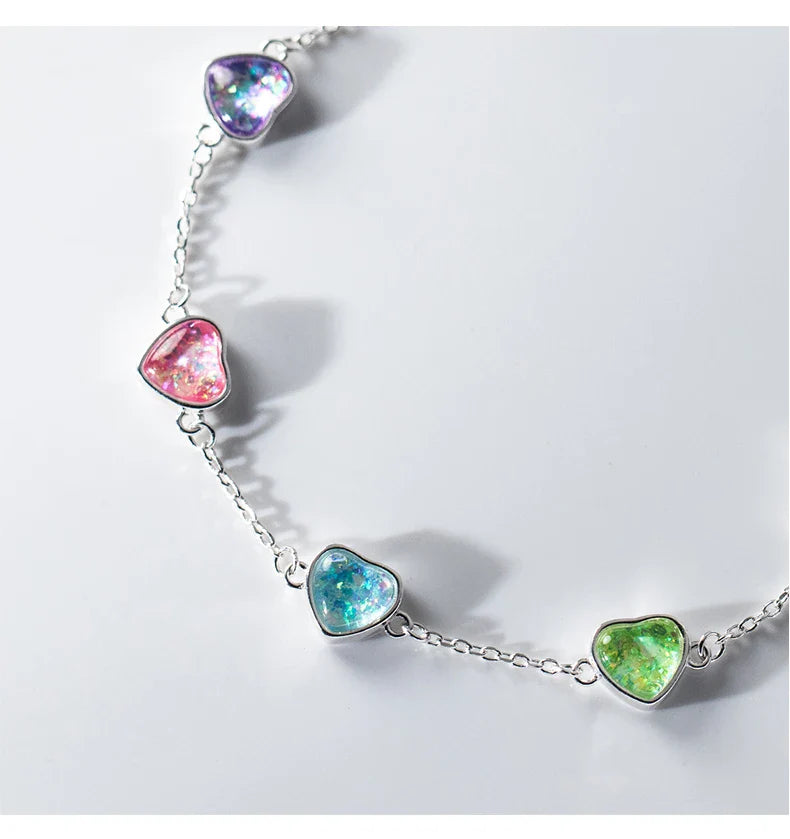 925 Sterling Silver Heart To Heart Colorful Shining CZ Bracelet Adjustable Chain Link For Women Valentine's Day Gifts