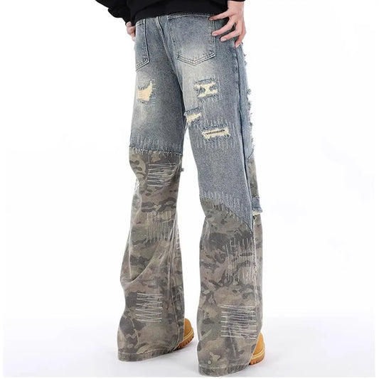 Men's Ripped Slim Fit Straight Leg Jeans Patchwork Camouflage Denim Pants