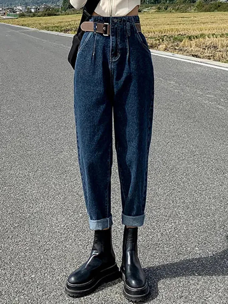 Women Casual Elastic High Waist Loose Denim Pants