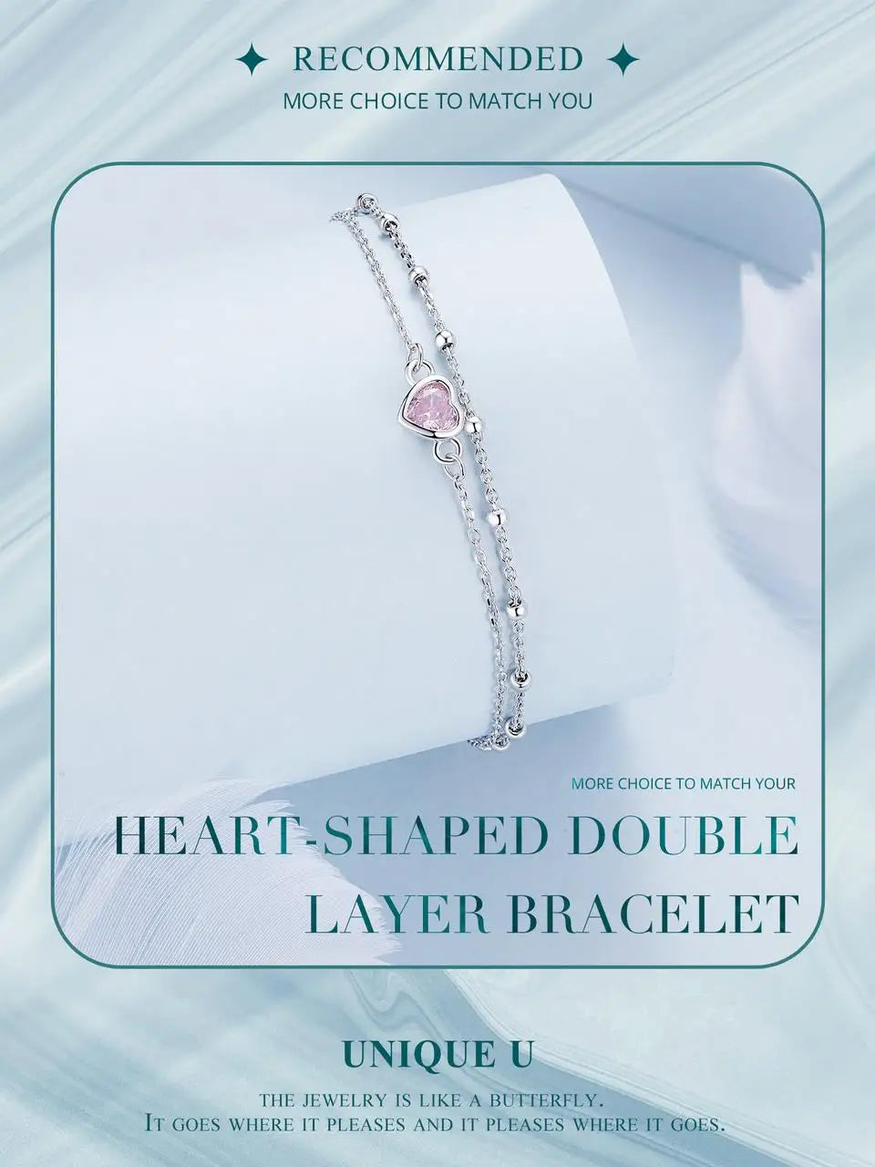 925 Sterling Silver Double Layer Bracelet Pink Heart Adjustable Round Beads Chain Link for Women Valentine's Day Gift