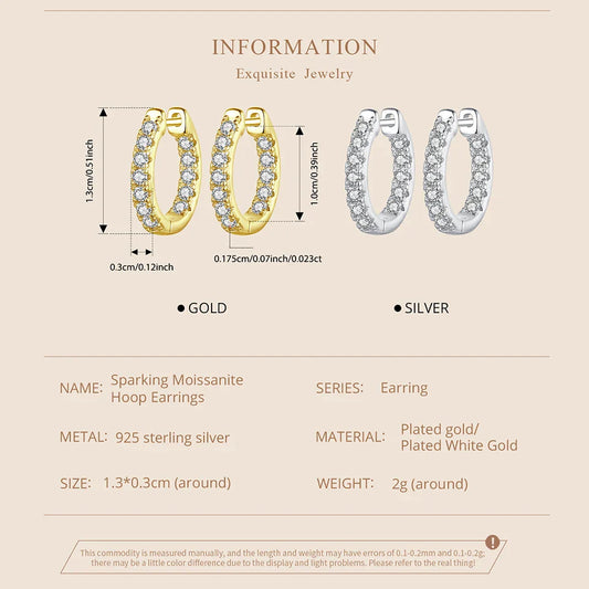 Platinum Plated Moissanite Hoop Earrings for Women, D Color Round Cut Lab Diamond 925 Silver Hypoallergenic Earrings