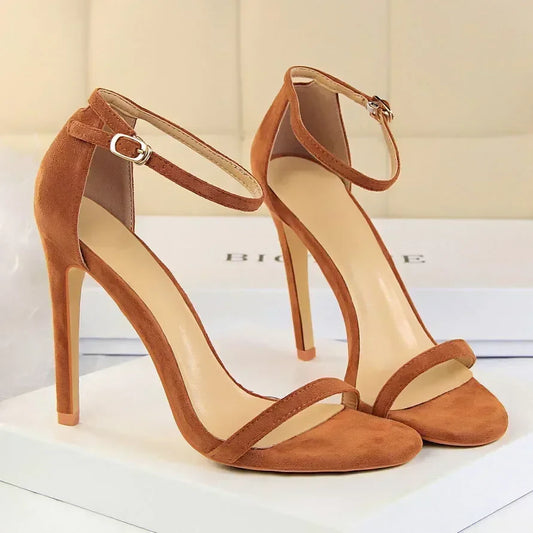 Women Gladiator Stiletto Classic Ankle Strap Holiday Beach Sandals Lady Fashion Suede 8cm 11cm High Heels Sexy Red Brown Sandles