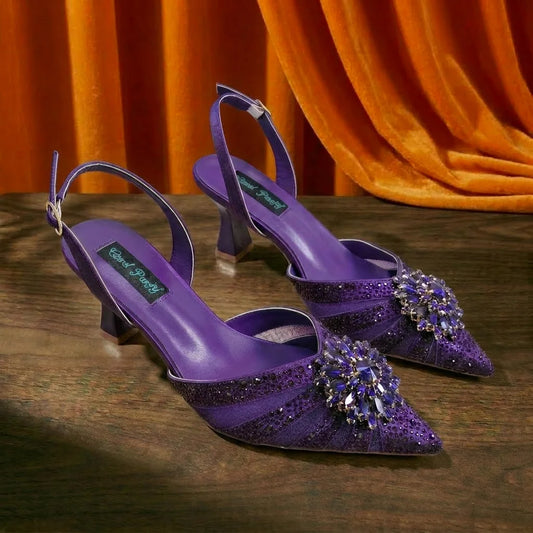 2026 Elegant Purple Color Women's Heels Shoes Bag Set Rhinestone Embellished Designer HAND CRAFTED UPPER Shoes for Special Event