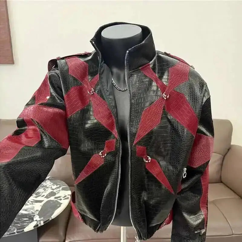 Men's PU Leather Jacket 2025 Trend New Zipper Stand Collar Contrast Color High Street Coats Fashion Menswear 21E2807