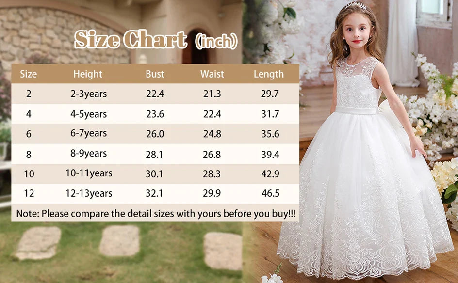 lower Girl Dress Embroidery Tulle Lace for Kid Bridesmaid Birthday Party Communion Formal Princess Bow Ball Gown