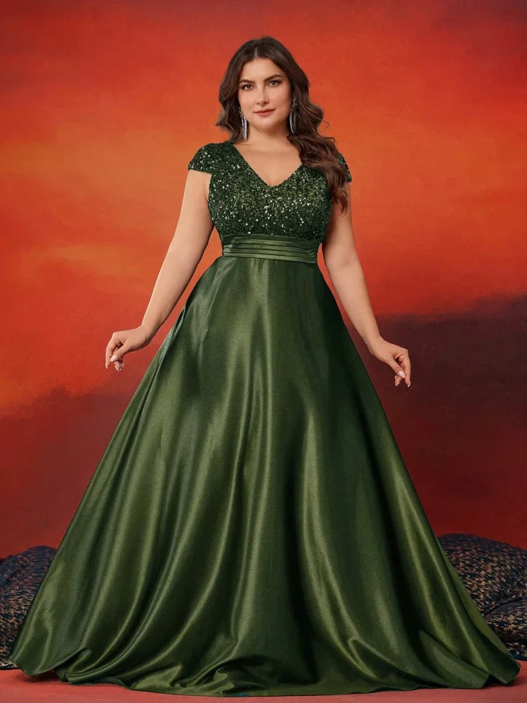 Plus Size Elegant V-Neck Red Sequins Evening Dress Long Luxury Women Satin Sleevesless Party Prom Cocktail Gowns