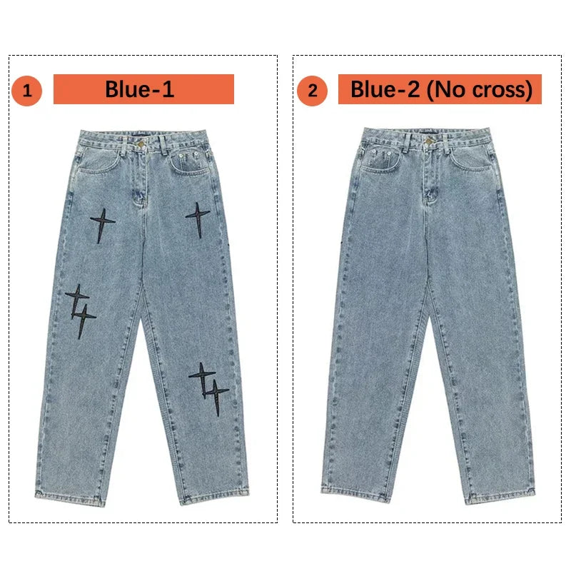Jeans Estampados Masculinos 2026 Novas Calças Jeans Folgadas Streetwear de Perna Larga Moda Coreana com Caimento Reto Casuais Soltas Cargo de Brim