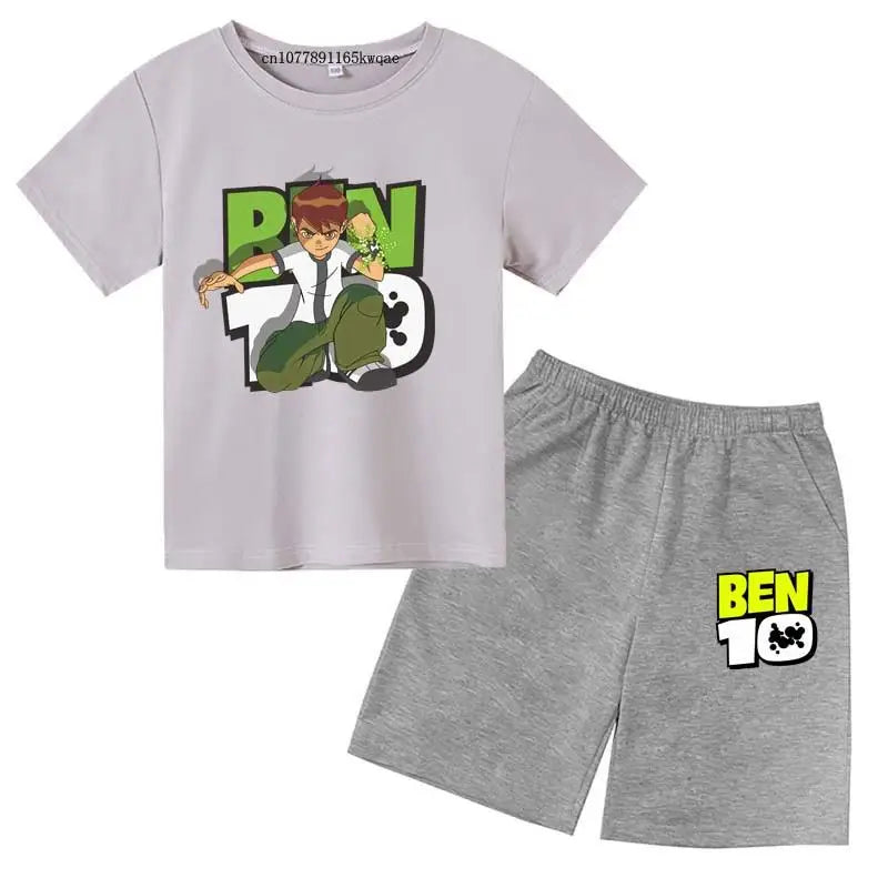 Kids Cartoon Ben Tennyson 10 Print Summer 2pcs Breathable Tees+Shorts Sports Suits 2-13Years Boys Girls Outfits Children Clothes