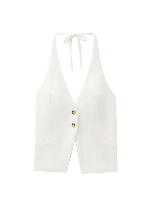 Front Button Tank Tops for Women, Tied Halter Neck, Backless, Female Camis, Sexy Fashion