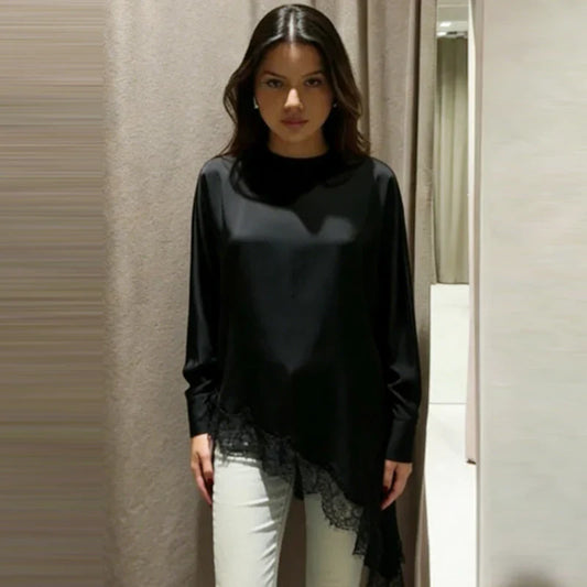 Lace Asymmetric Black Shirts Woman Blouses Spring Autumn 2026 Minimalist Women's O-Neck Long Sleeve Top Korean Style Blouse