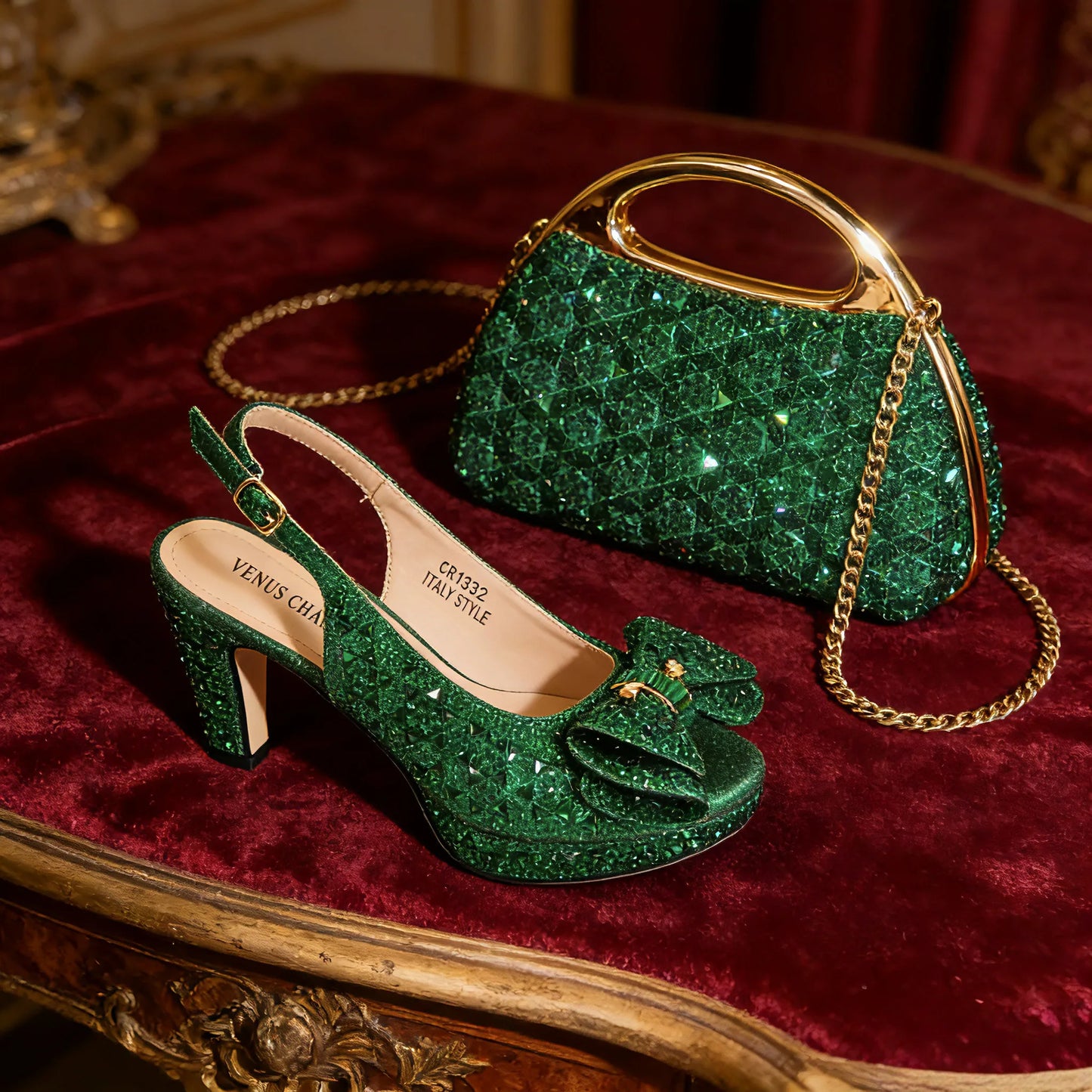 Elegant Italian Women's Party Shoe and Bag Set – Chic Champagne Rhinestone Peep-Toe High Heel Sandals Perfect for Weddings