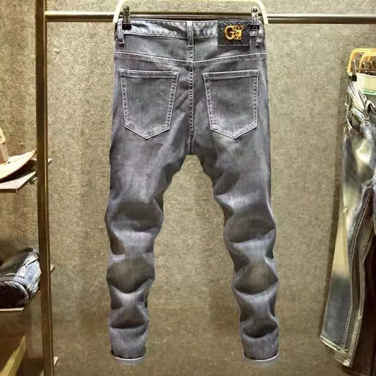 Spring and Autumn New Fashion Trend Print Retro Straight Leg Sports Denim Pants Men's Casual Slim Breathable High-Quality Jeans