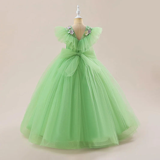 Summer Flower Embroidery Party Bridesmaid Girls Dresses Elegant Tulle Birthday Princess Dress Girls Bow Wedding Prom Kids Clothe