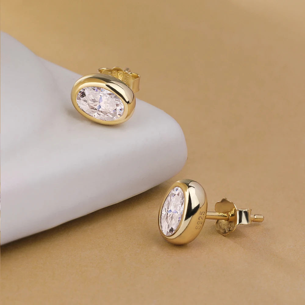 18K Gold Plated 0.5/1c Moissanite Stud Earring for Women Bezel Set Oval Cut Lab Grown Diamond S925 Silver Jewelry With Certified