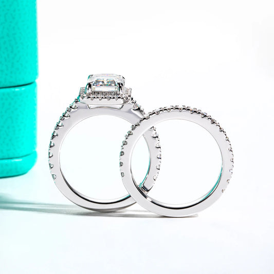 3ct Emerald Cut D Color Moissanite Halo Bridal Ring Set Vintage Wedding Band Silver Rings With Cer Jewelry for Women