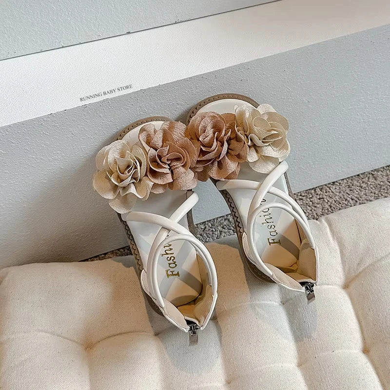 2025 Girls Sandals Summer New Flower Pearls Little Girl Princess Shoes Soft Bottom Non-slip Girl Kids Roman Sandals Shoes I03191