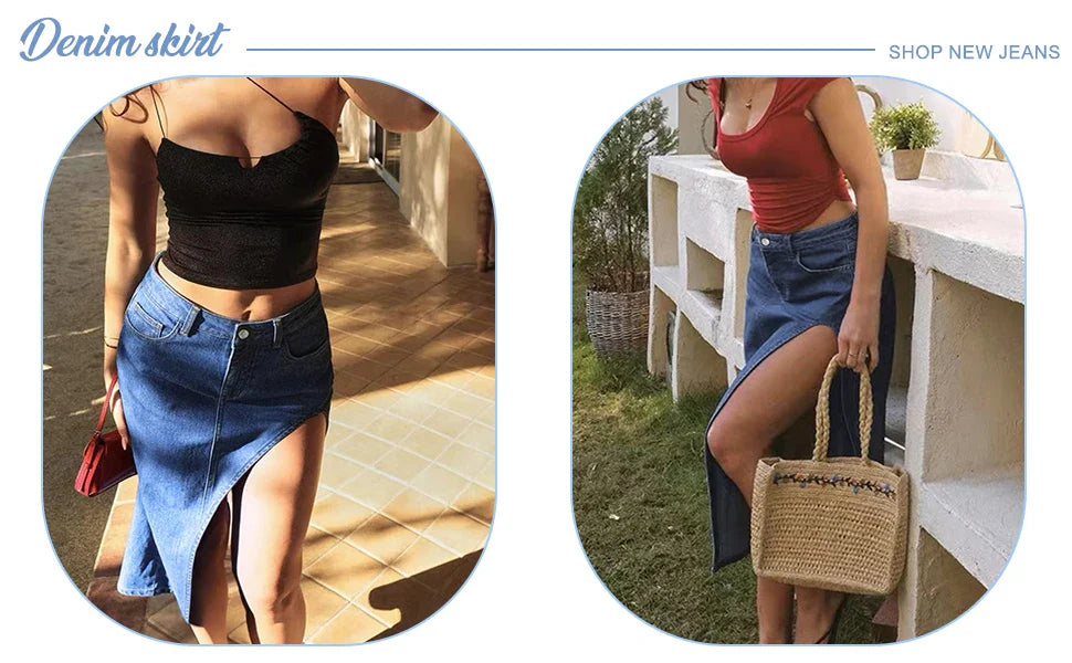Women's Mid Rise Stretchy Denim Skirt Asymmetrical High Slit Midi Length Casual Streetwear for Summer & Party Outfits