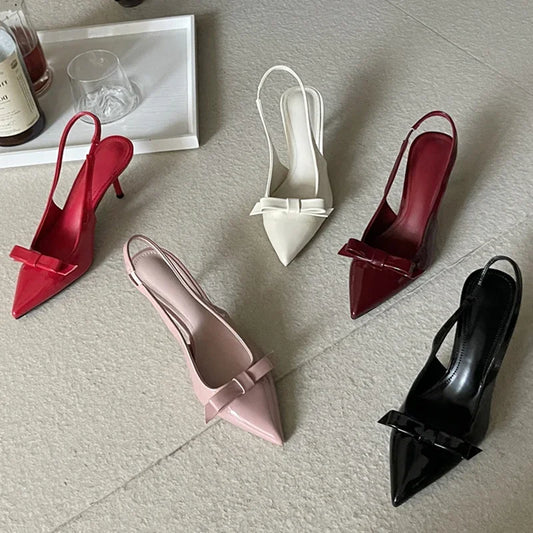 Big Size 43 Butterfly-knot Slingbacks Women Pumps Elegant Pointed Toe Thin Heels Shoes Sexy Banquet Zapatos De Mujer