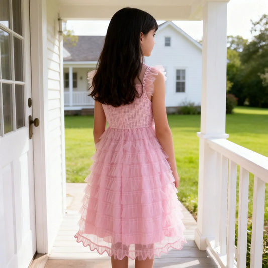 Summer Girls Sweet And Cute Sleeveless Solid Color Cake Fluffy Princess Dress Fashionable Casual Mesh Dress