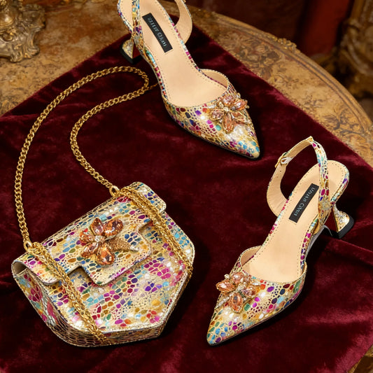 2026 Gold Color Thin Heels Pointed Toe Crystal Design Ladies Shoes Matching Bag Set For Women Weeding Party Pump
