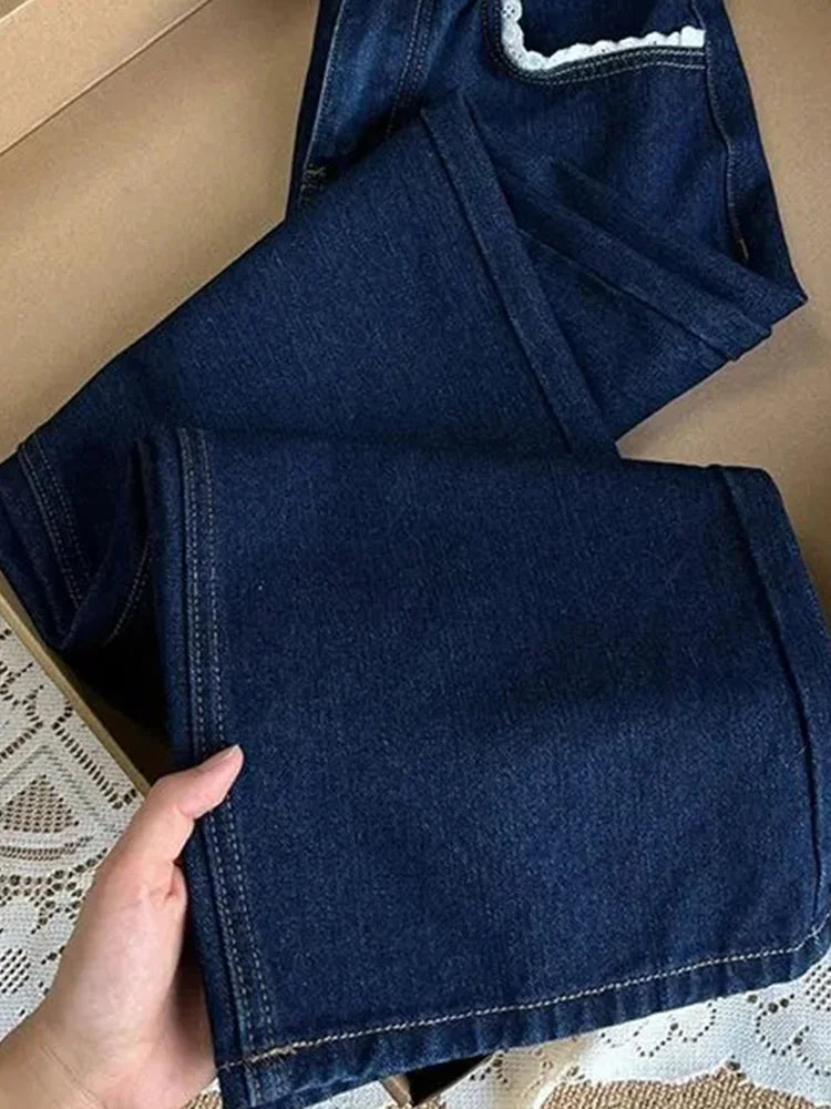 Casual Straight Jeans Streetwear Vintage Blue Lace Spliced Jeans