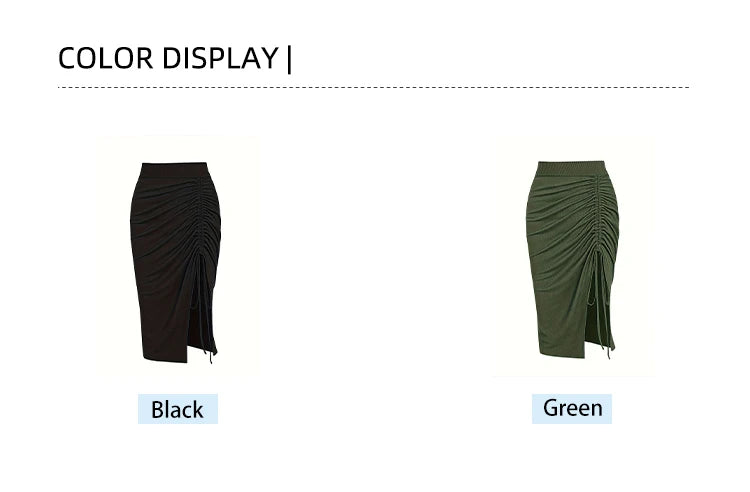 Plus Size 2024 Spring/Summer New Solid Ruched Drawstring Split Skirt, Casual Bodycon Stretchy Skirt For Spring & Summer, Women