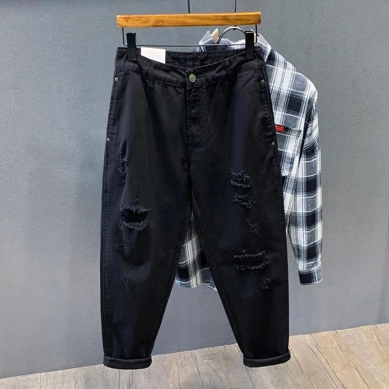 2023 Spring and Autumn New Fashion Solid Color Ripped Jeans Men's Casual Loose Comfortable High-Quality Large Size Trousers 36