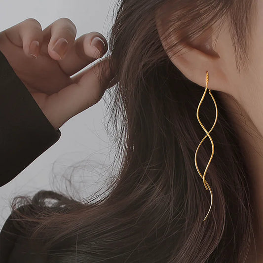 Trendy Charm 925 Sterling Silver Long Wavy Line Tassel Dangle Earrings for Woman Geometry Designer Jewelry Accessories Colorfast