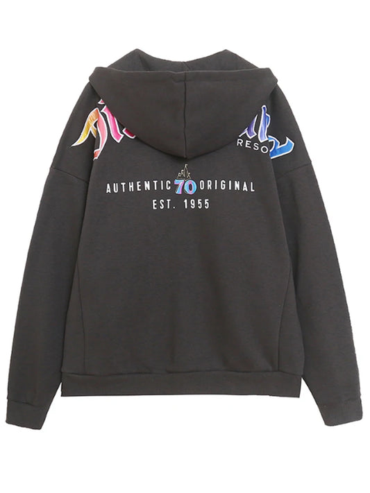Mickey Mouse Cartoon Print Embroidery Fleece Sweatshirt Women Hooded Zipper