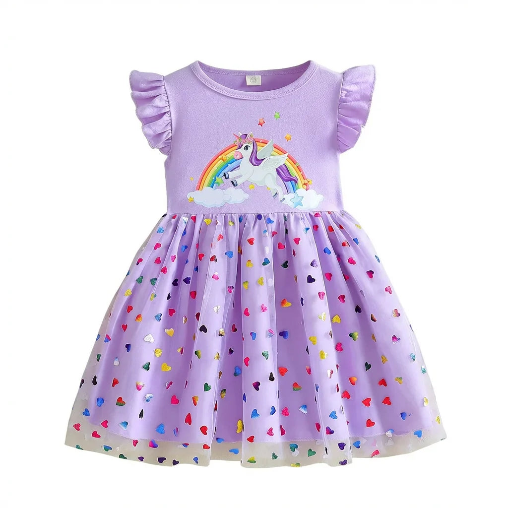 2026 Korean Style Girls Summer Unicorn Print Dress Short Sleeve Tulle Princess Gown Kids Casual Party Clothes for South Korea
