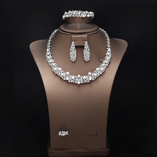 High Quality Zirconia Pearls 4pcs Jewellery Necklace Set Prom Wedding Jewelry Set Bridal Party Accessories