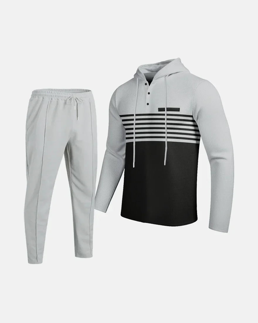 New Men's Waffle Casual Set Outdoor Four Seasons Versatile Trendy Stripe Color blocked Hoodie, Casual Pants Two Piece Set
