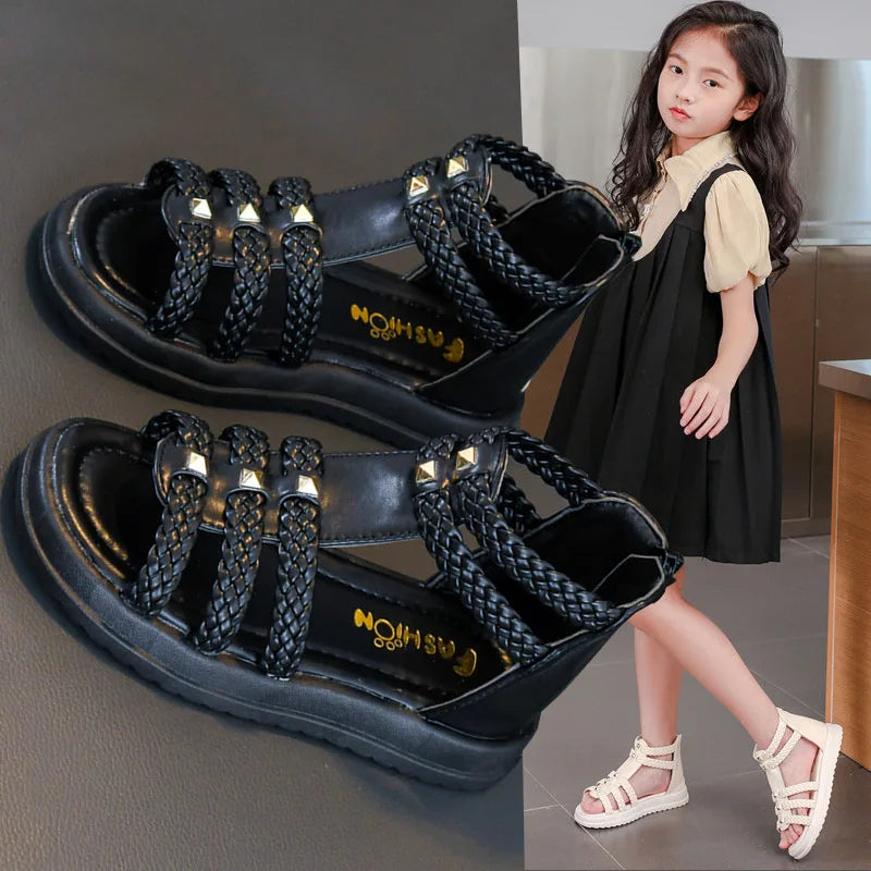 2026 Summer Gladiator Children Sandals Girl Soft Princess Shoes Retro Black Roman Sandal Outdoor Braided Shoe White Kids Shoes