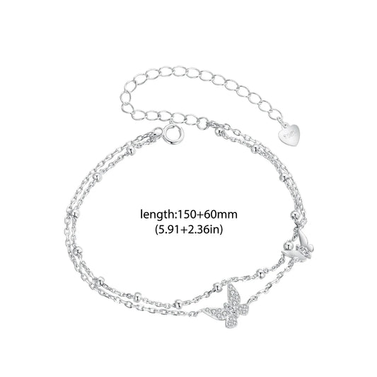 Womens Double-Layer Butterfly Bracelet 925 Sterling Silver CZ Layered Bracelet Dainty Beaded Chain Adjustable 5.9"+2.3"