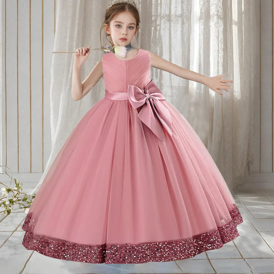 Teen Girls Luxury Big Bow Evening Gown Wedding Bridesmaid Party Dress For Girl Kids Sequin Princess Birthday Dresses Summer Wear