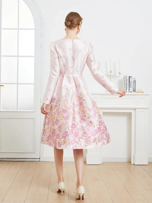 Fall/Winter Elegant French-style Romantic Pink Heavy Embroidery V-Neck Long-Sleeve Party Banquet Dress wedding guest dress