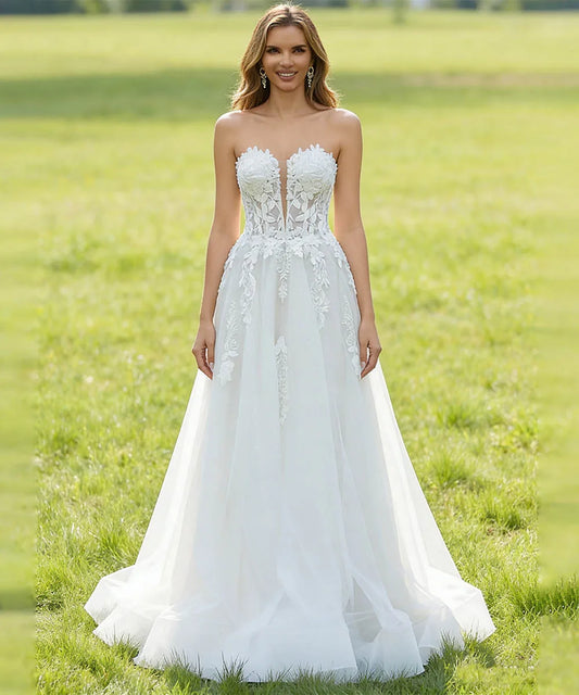 Popular Strapless V-neck 3D Flower Lace Applique A Line Wedding Dresses Sweep Train Custom Made 2025 Vestido De Noival