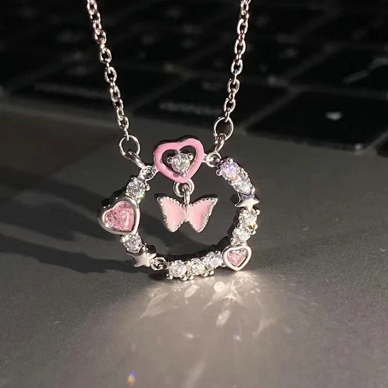 Fairy Elegant Pink Round Crystal Pendant Necklace Simple Design Korean Fashion Girls Women Star Clavicle Chain Jewelry Gifts