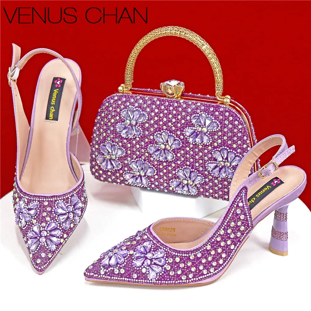Nigerian Heel Party for Women Pink Color Shoes and Bag Set Rhinestone Handbag Italian Design Wedding INS 2025