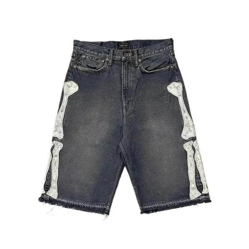 Y2k Vintage Harajuku Denim Shorts Women Washed Letter Embroidery Tassels American Retro Jeans Man Baggy Hip Hop Jorts