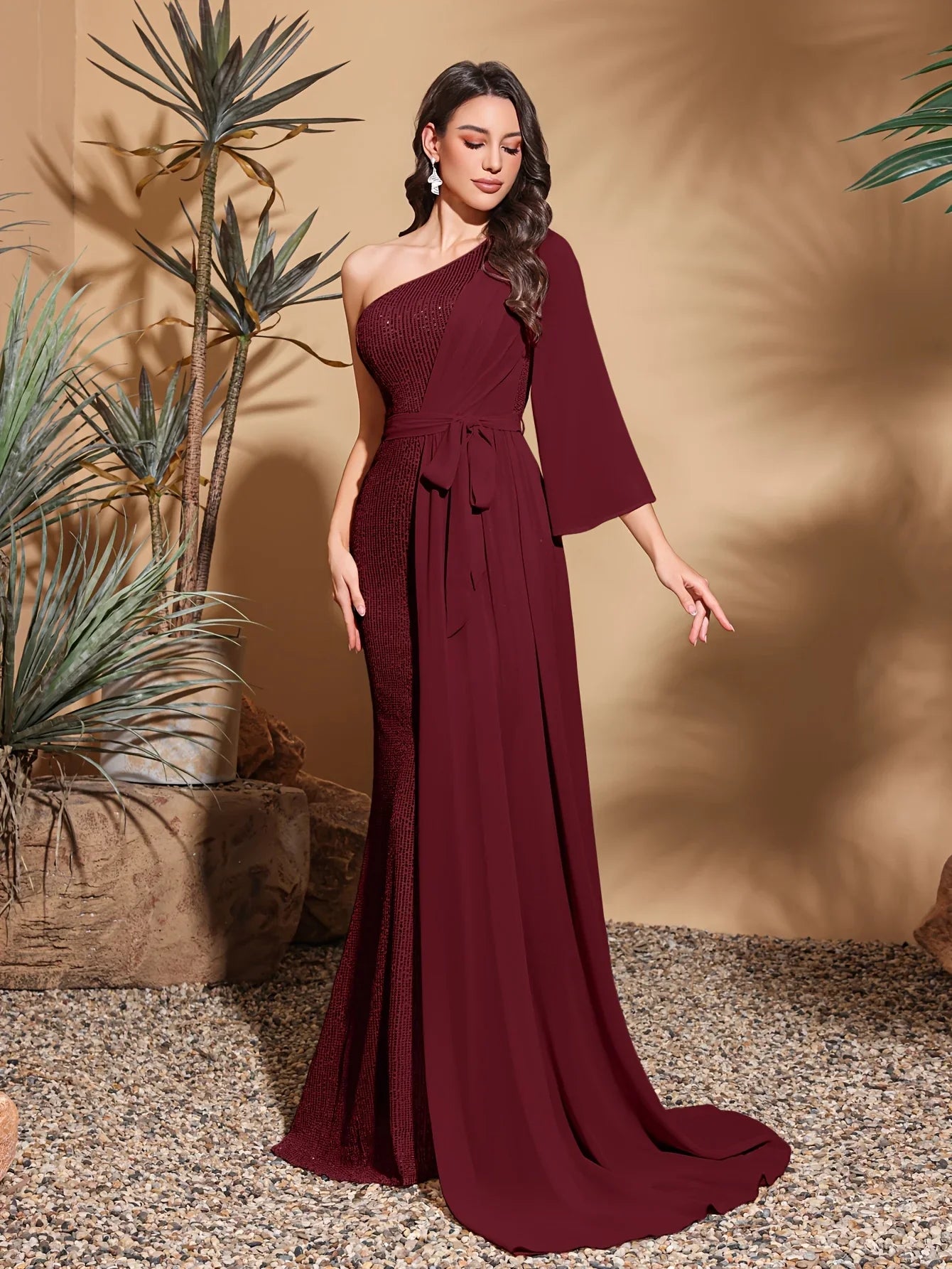 Sequined one-shoulder chiffon patchwork belt-decorated hip dress