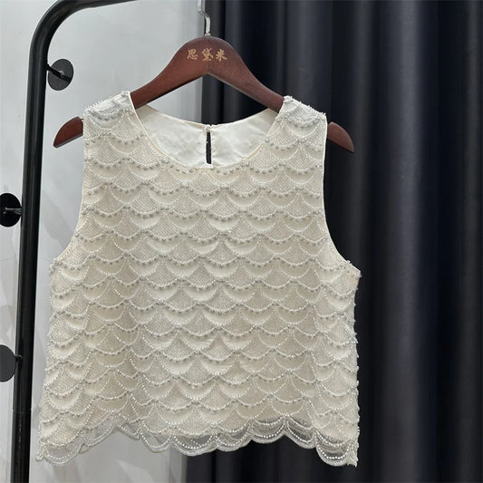 Bling Bling Sequined Tanks Tops Women Fashion Heavy Industry Double-sided Beaded Vest Vacation Leisure Beaded Chiffon Top
