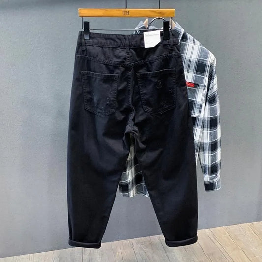 2023 Spring and Autumn New Fashion Solid Color Ripped Jeans Men's Casual Loose Comfortable High-Quality Large Size Trousers 36