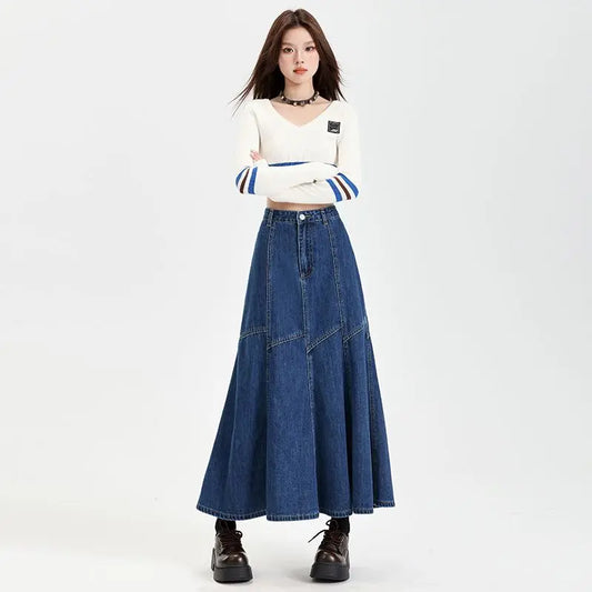 Women Blue A-line Denim Skirt Vintage Aesthetic Y2k Patchwork New Jean Skirt Harajuku Korean Cowboy Skirts 2000s Clothes Summer