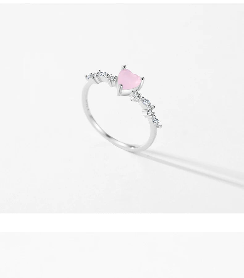 925 Sterling Silver Elegant Pink Crystal Heart Finger Rings For Women Birthday Romantic Gift Fine Jewelry Accessories