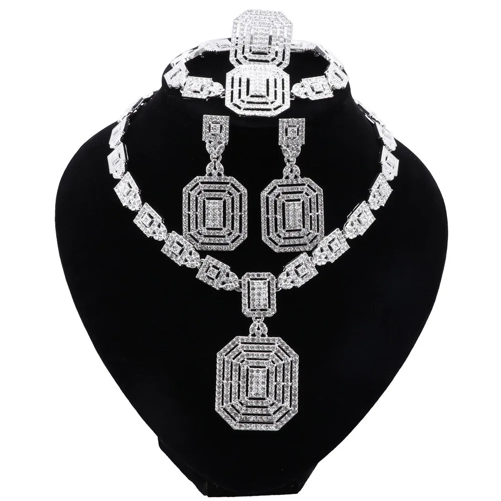 Conjuntos de joias folheados a prata para mulheres Colar Brincos Pulseira Anel Acessório de noiva indiano africano de Dubai