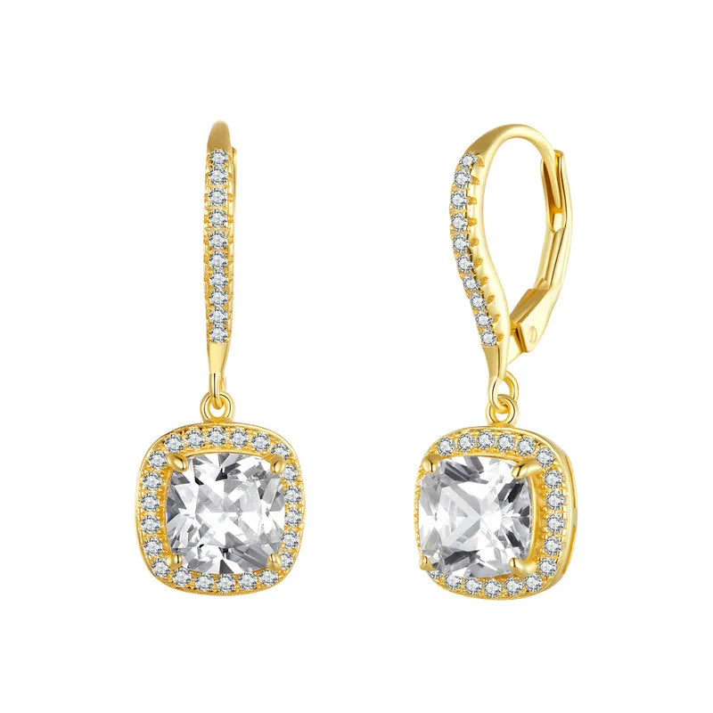 Authentic 925 Sterling Silver Dazzling CZ Square Geometric Drop Earrings for Women 14K Gold Plated Wedding Jewelry SCE520